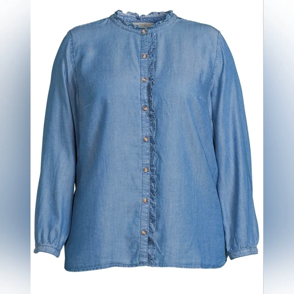 Terra & Sky NEW Ruffle Front Button Down Chambray Blouse Blue - Plus Size 3X - Picture 1 of 9